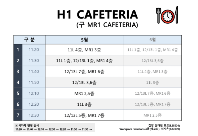 H1 식당 5월 중식 시차제