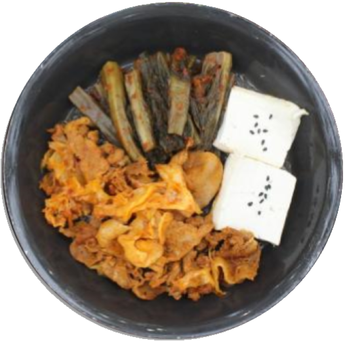 갓김치제육삼합(Tofu-steamed pork with Leaf Mustard Kimchi)