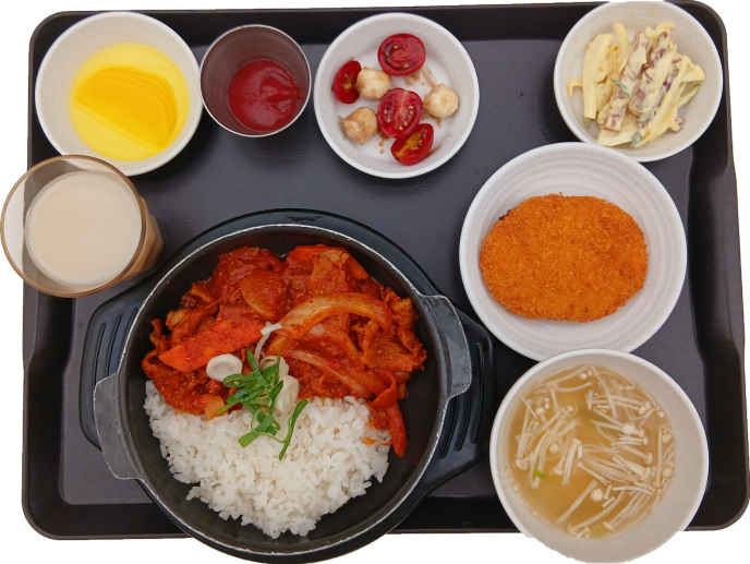 제육덮밥(Rice topped with red pepper pork and Pork bulgogi)