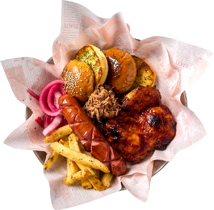 BBQ플래터(풀드포크.닭다리살, 세블락소시지,감자튀김,모닝빵)